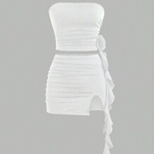 Set de 2 piezas liso con volante y falda con abertura alta, conjunto sexy